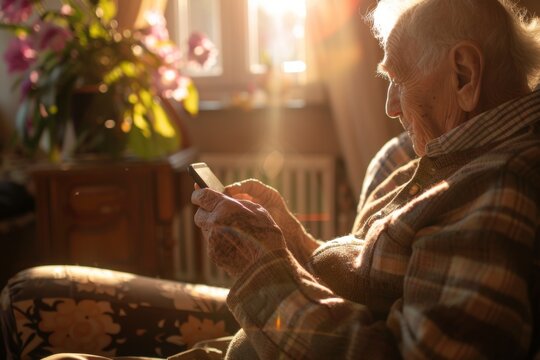 Elderly man enjoying sunrise with smartphone