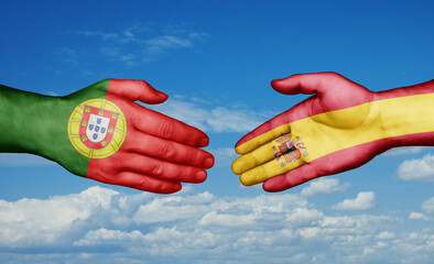 Spain and Portugal country handshaking with flags, consensus concept international co-operation illustration