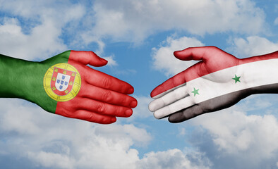 Syria and Portugal country handshaking with flags, consensus concept international co-operation illustration