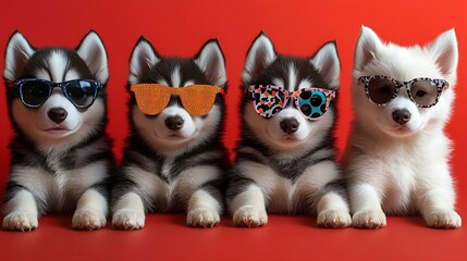  Brown chihuahua puppies sitting close together on a red background, looking cute and playful