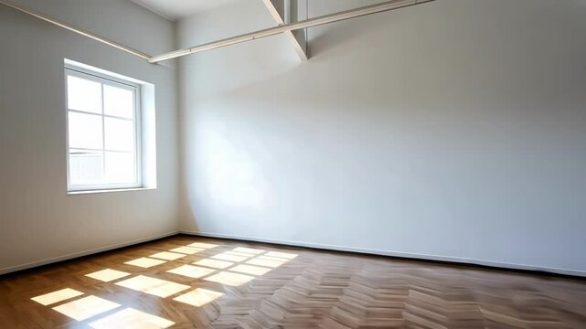 An empty, well lit room showcasing minimalistic design and wooden flooring, creating a tranquil atmosphere
