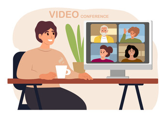 Worker using computer for collective Virtual Meeting and group video conference. Man at desktop chatting with friends online. Vector illustration.