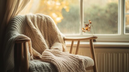 A minimalist, cozy scene of a warm sweater and scarf draped over a wooden chair