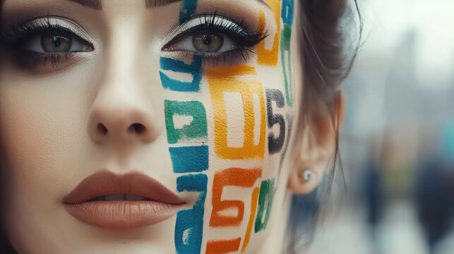 Vibrant face art: close-up portrait with colorful geometric patterns
