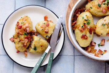 Kartaczy, traditional Polish potato dumplings with meat filling. rustic style