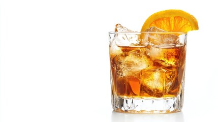 A perfectly crafted old-fashioned cocktail, presented in a glass with ice and garnish, isolated on a clean white background, ideal for cocktail menus or drink-related designs.
