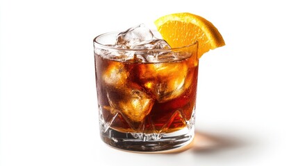 A perfectly crafted old-fashioned cocktail, presented in a glass with ice and garnish, isolated on a clean white background, ideal for cocktail menus or drink-related designs.