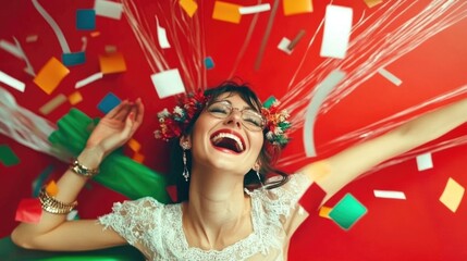 Joyful celebration with colorful confetti and cheerful woman on red background