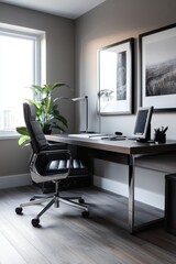 a modern home office with a sleek desk and a ergonomic chair
