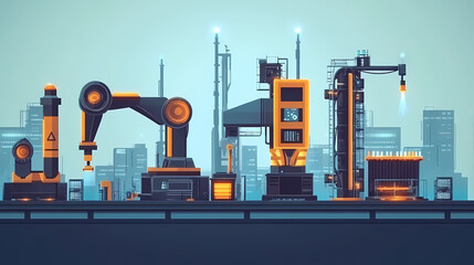 Obraz premium Smart factory for fourth industrial revolution with icon graphic showing automation system by using robots and automated machinery controlled. Industrial Revolution. Illustration