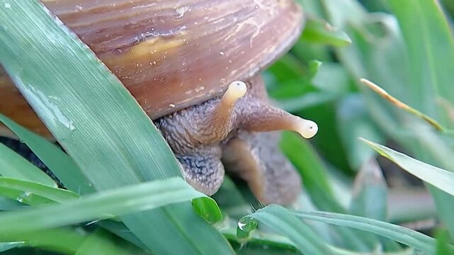 Big snail in shell crawling in the meadow in the morning, Helix pomatia also Roman snail, Burgundy snail, edible snail.