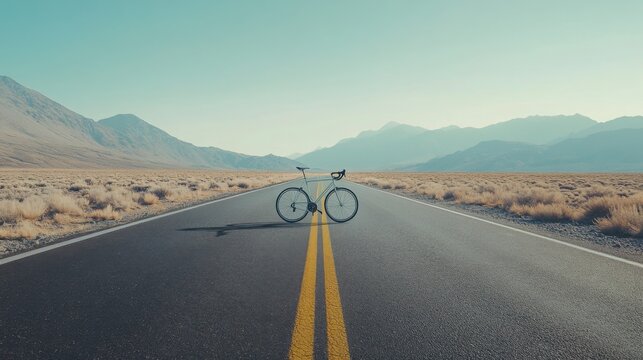 lone bicycle standing on an empty road stretching into the horizon