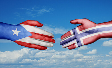 Norway and Puerto Rico country handshaking with flags, consensus concept international co-operation illustration