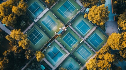 An overhead shot of a large tennis complex with multiple courts in use. The contrast between the green or blue tennis courts and the surrounding park or urban environment creates a striking visual.