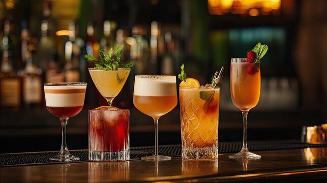 A Variety of Cocktails and Artisanal Drinks on a Bar Counter.