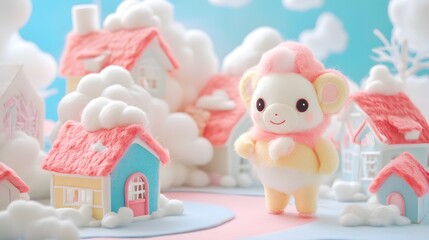Obraz premium Soft Sunwukong toy standing on cotton candy streets lined with cloud houses and wool felt decorations