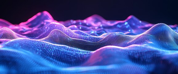 Fototapeta premium A 3D render of an abstract geometric background with a virtual reality environment, a landscape encompassing mountains, and mesh surfaces glowing with neon lights.