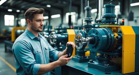 Fototapeta premium Confident young Caucasian engineer in a factory inspecting machinery