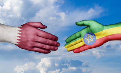 Ethiopia and Qatar country handshaking with flags, consensus concept international co-operation illustration
