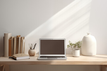 A sleek, all-white study table with a minimalist design. The laptop sits neatly in the center, accompanied by a simple, elegant desk lamp with a metallic finish.