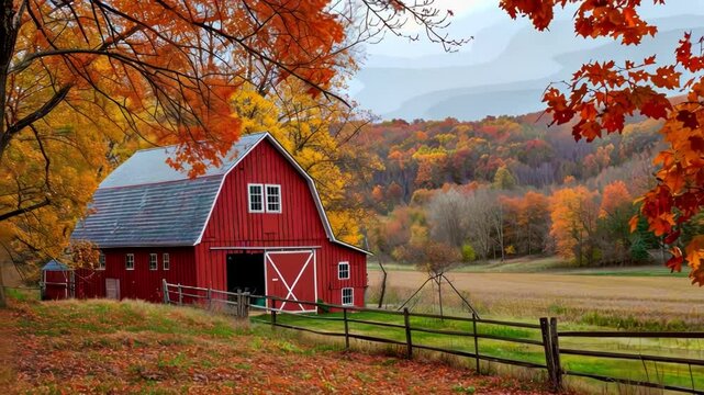 A serene autumn scene featuring a red barn surrounded by colorful trees and rolling fields, evoking a sense of rural tranquility