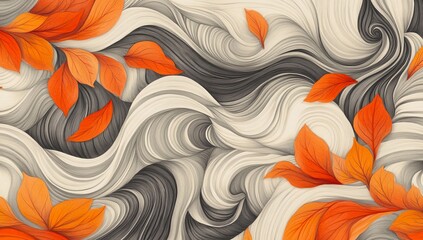 Stylish, abstract floral pattern in elegant orange color with colorful leaves and flowers. Amazing graphic backdrop. Illustration.