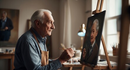 Determined elderly Caucasian artist in a studio working on a portrait