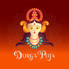 Elegant Durga Puja Goddess Durga with Eight Arms Holding Weapons Surrounded by a Decorative Mandala and Durga Puja Text in a Beautiful Font