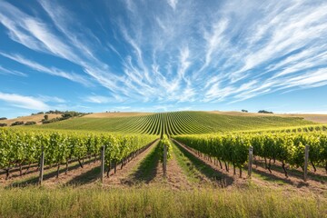 a serene landscape of rolling hills and vineyards in adelaide hills, with rows of grapevines heavy with ripe fruit, under a clear blue autumn sky with a few wispy clouds.