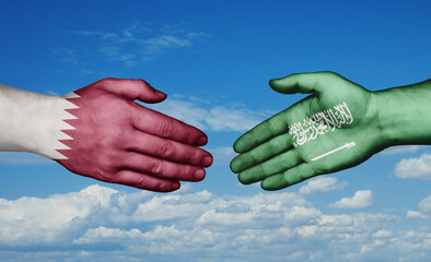 Qatar and Saudi Arabia country handshaking with flags, consensus concept international co-operation illustration