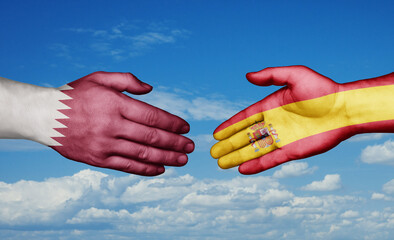 Spain and Qatar country handshaking with flags, consensus concept international co-operation illustration
