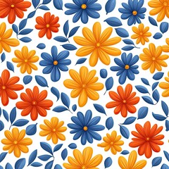 A vibrant floral pattern featuring blue, orange, and yellow flowers with lush green leaves on a white background.