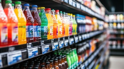 Fototapeta premium Shelves packed with colorful drinks in a modern store's refrigerated section, showcasing a wide selection of chilled beverages in a bright, contemporary retail setting.