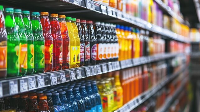 Shelves packed with colorful drinks in a modern store's refrigerated section, showcasing a wide selection of chilled beverages in a bright, contemporary retail setting.