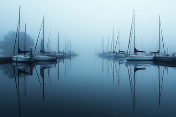 Fototapeta premium A serene view of sailboats in a foggy harbor. The calm water reflects the boats and mists nearby. Perfect for nature lovers and tranquil scenes. Generative AI