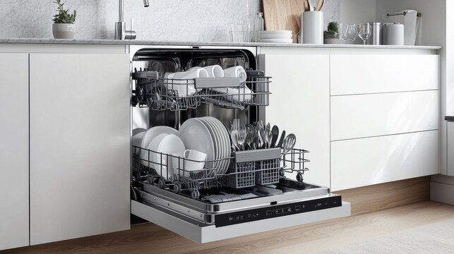 Open built-in dishwasher machine with clean cutlery, dishes, plates in white modern kitchen. front view