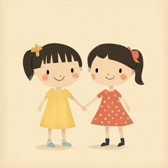 Two cheerful girls in colorful dresses holding hands on a warm sunny day