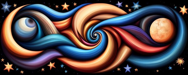 Colorful abstract swirls with celestial elements, displaying creativity and imagination.