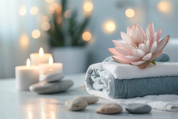 There is a towel, a flower and candles on the table. The action takes place in a spa