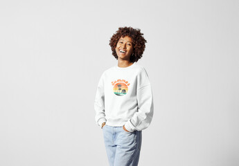 Smiling afro black Woman in Casual Outfit. Black woman in sweatshirt for mockup - Powered by Adobe