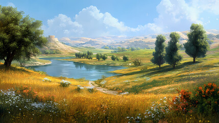 Fototapeta premium Serene landscape of ancient mesopotamia, with lush greenery and majestic trees, evoking the biblical paradise, surrounded by rolling hills and shimmering water. Ancient Mesopotamia. Illustration