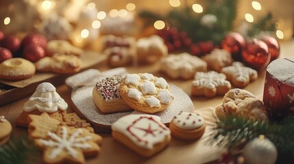 Fototapeta premium An empty scene featuring (a delightful assortment of holiday cookies and pastries on a table), creating an ideal product mockup space, 