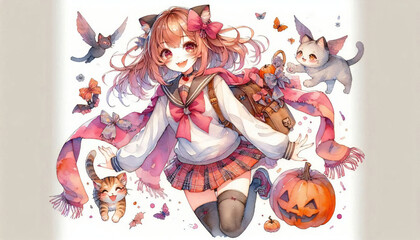 A watercolor painting of a cat and a girl.generated by AI.