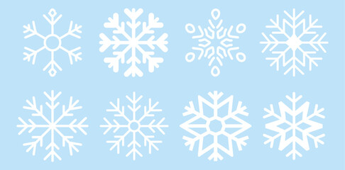 Cute snowflakes collection isolated on blue background. Flat snow icons, silhouette.