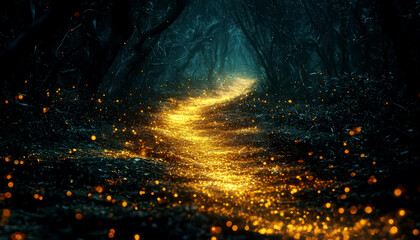 Fototapeta premium Magical forest path with glowing dust and sunlight.