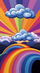 Fototapeta premium Colorful rainbow with clouds and vibrant rays of sunshine in a whimsical style.