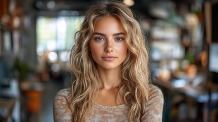 Portrait of a Beautiful Young Woman with Blonde Wavy Hair Looking at the Camera