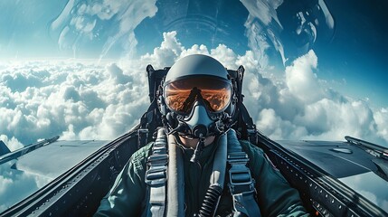 Fototapeta premium 1. A fighter pilot in a cockpit, focused and ready for takeoff, surrounded by clouds