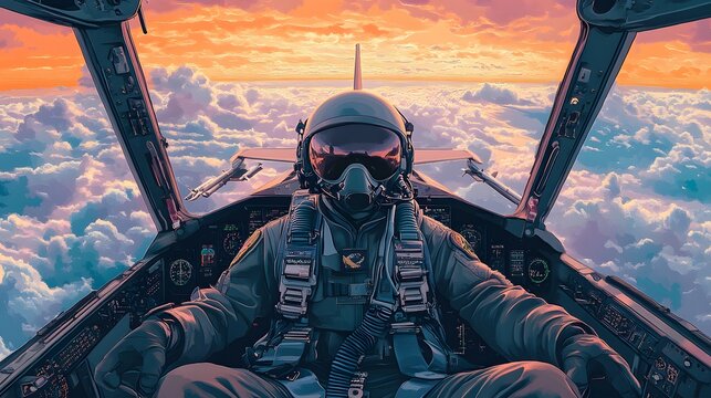 1. A fighter pilot in a cockpit, focused and ready for takeoff, surrounded by clouds