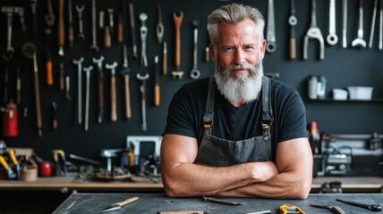 Confident craftsman with beard in workshop, surrounded by tools and equipment.